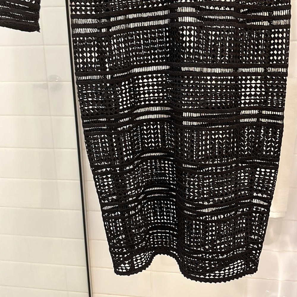 ZARA Black Lattice Crochet Lace Long Sleeve Midi Shift Dress - Picture 6 of 10